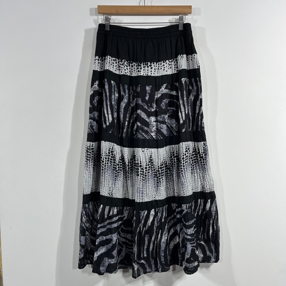 Studio West Artsy Lagenlook Zebra Polka Dot Tiered Cotton Maxi Skirt Medium Boho